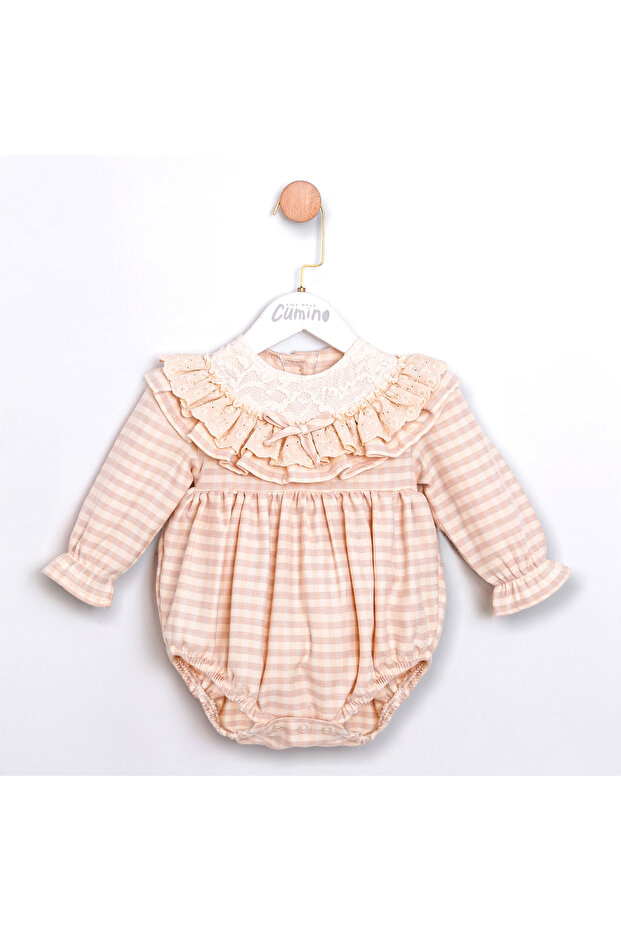 Ruffled Collar Baby Girl Jumpsuit with Checked Details