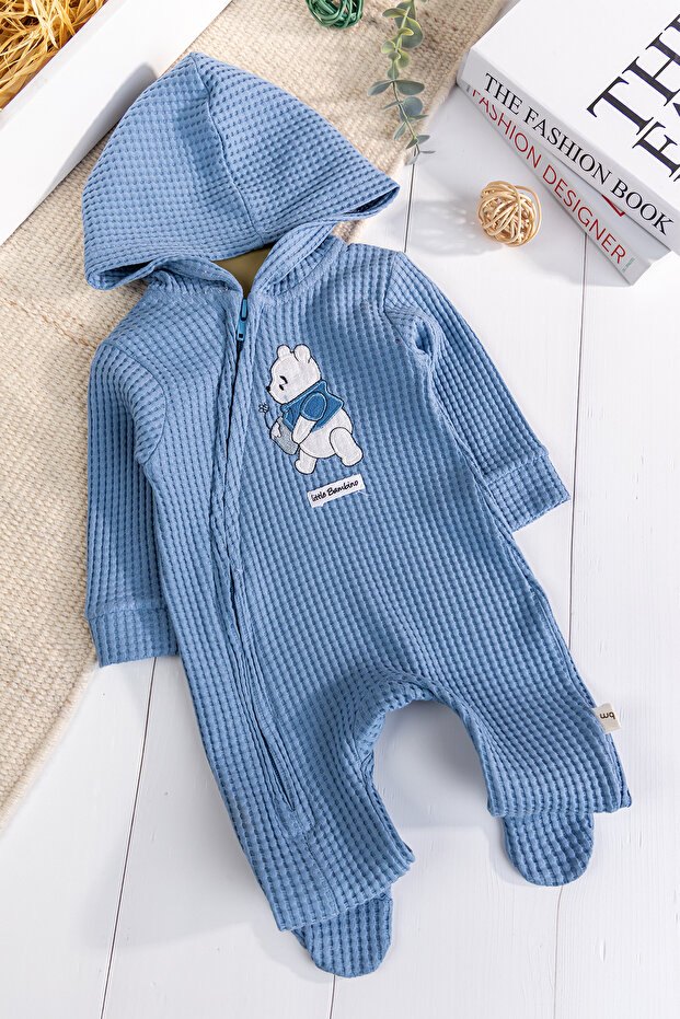 Hooded Teddy Bear Patterned 100% Cotton Baby Boy Jumpsuit