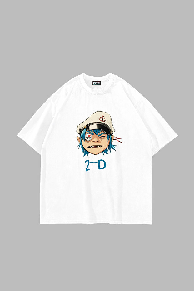 تي شيرت أبيض كبير الحجم مطبوع عليه Gorillaz 2-D للجنسين
