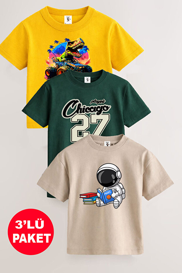 Astronaut and Dinosaur Printed 3-Pack Unisex Yellow-Green-Beige Children's T-Shirts