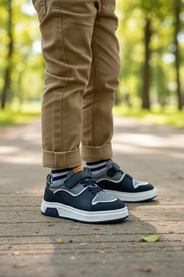 259 Orthopedic 100% Genuine Leather Boys' Preschool Navy Blue/Grey Sneaker