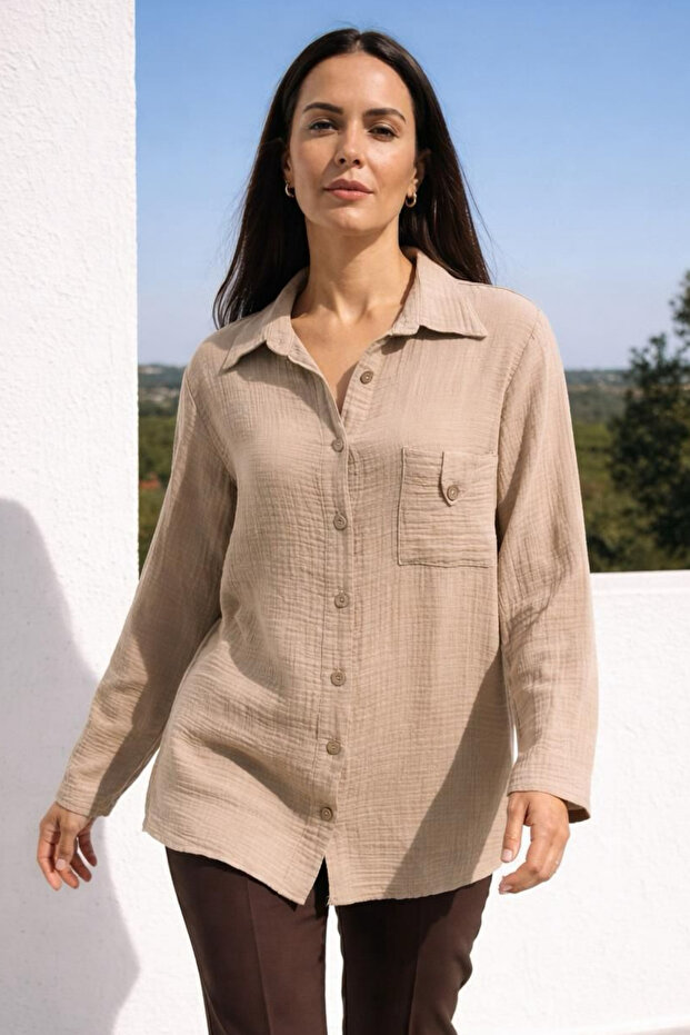 BEJ TEK CEPLİ MÜSLİN GÖMLEK - 2