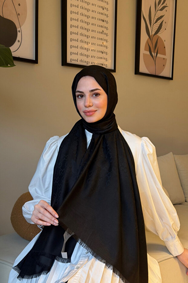 G Pattern Wool Silk Shawl-Black