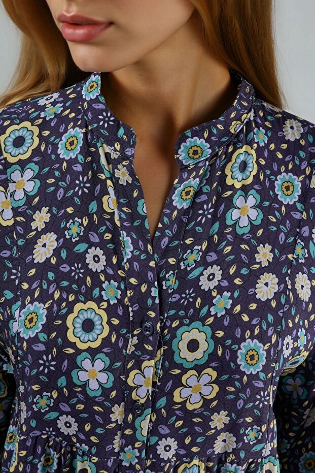 Düğmeli Baskılı V Yaka Modest Elbise - 6