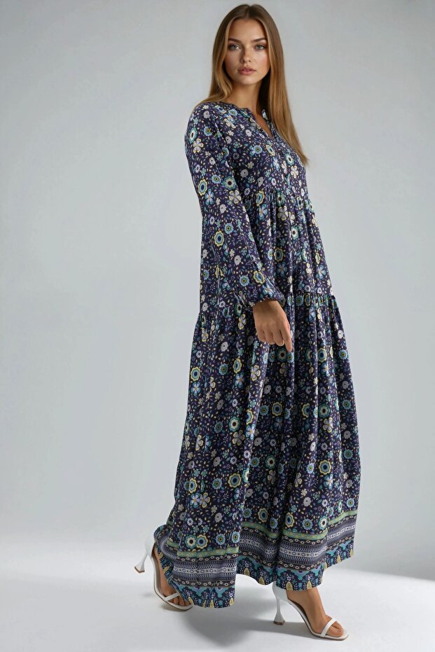 Düğmeli Baskılı V Yaka Modest Elbise - 7