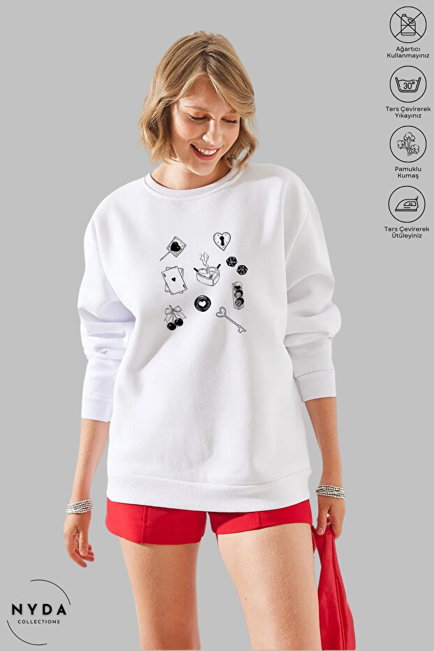 Women's Sticker Love Printed Crew Neck Hoodless Oversized 100% Cotton Combed Cotton Sweatshirt