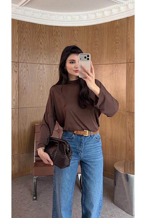 Kahverengi Basic Transparan Bluz - 1