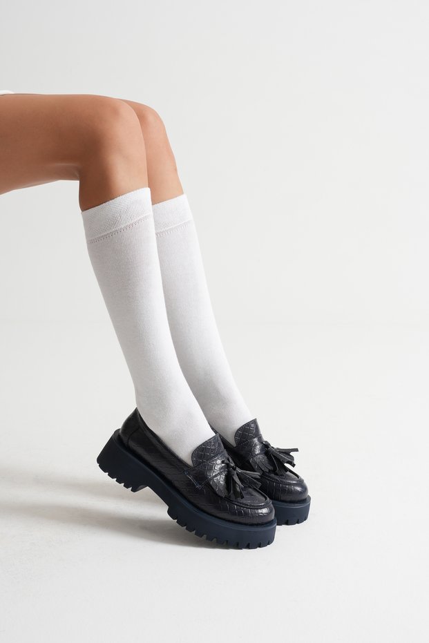 Dark Blue Tasseled Women's Stylish Loafer Shoes