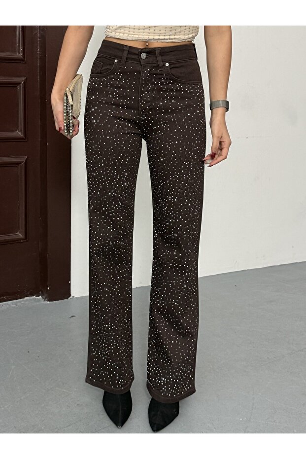 Women's High-Waisted Light Brown Shiny Stone-Patterned Custom-Designed Stretch Palazzo Denim Jeans