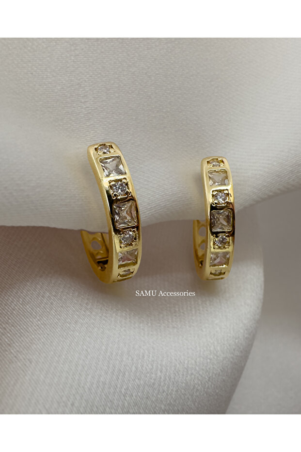 Geometric Hoop Earrings with Square and Round Stones - Golden Geometric Square