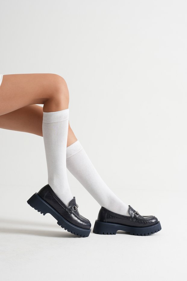 Dark Blue Buckled Women's Stylish Loafer Shoes