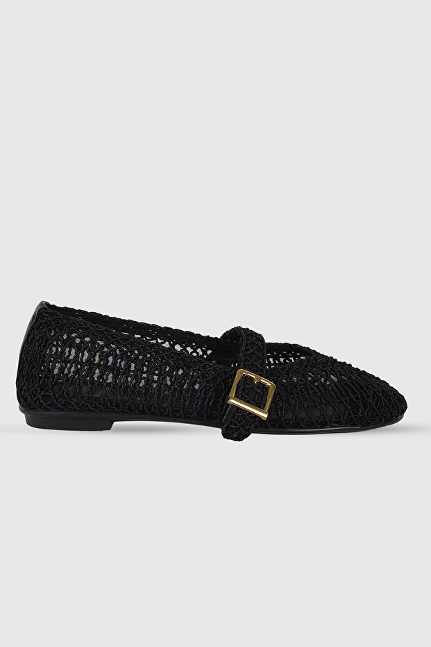 Lora Black Braided Belt Detail Women's Ballerinas