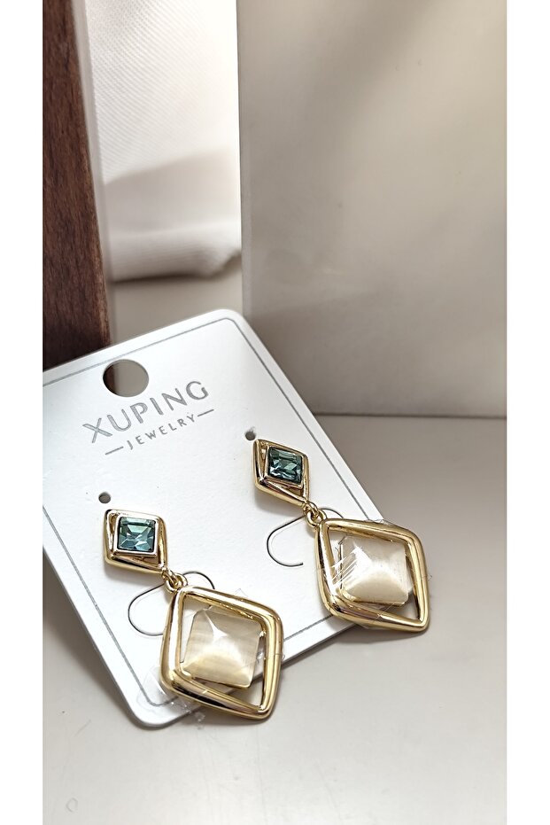 Xuping Vip Earrings - Xuping Pearlescent Stone Reflective Dangle Gold Stud Model Xuping Earrings Non-Tarnish-3Cm