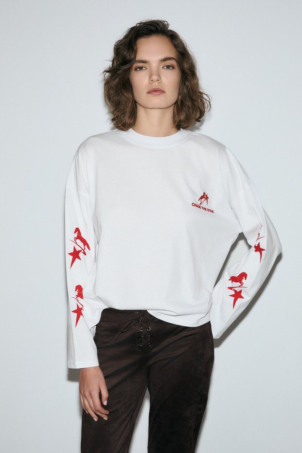 Rivolyn Women's Soft Fabric Print Detailed Oversize Long Sleeve White T-Shirt