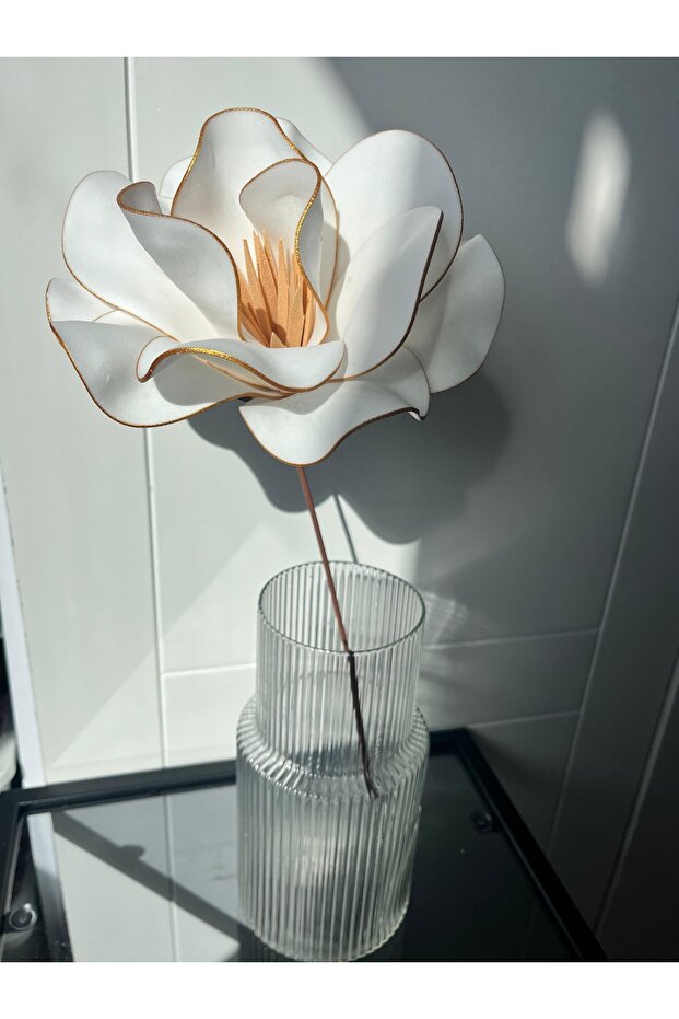Gold Gilded Edged Decorative Artificial Giant Magnolia Flower - White (Without Vase)