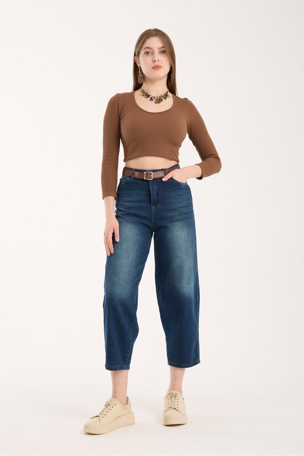 Blue Straight Legged Blue Jean Baggy High Waist Belt Detailed Women's Trendy Trousers