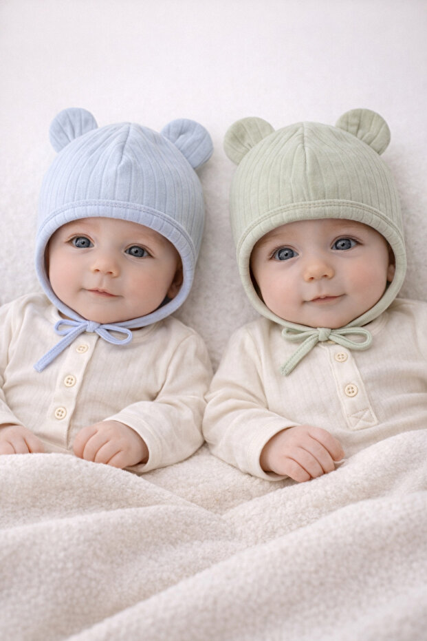 100% Cotton 2-Piece Newborn Baby Hat with Ear Straps and Laces