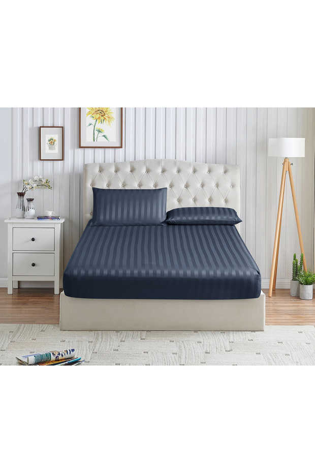 Striped Fitted Sheet Set 150x200 cm Queen – 1 Fitted Sheet + 2 Pillowcases, 30cm Deep