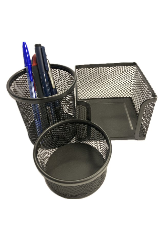 Desk set paperweight-pen holder 3 piece metal perforated black