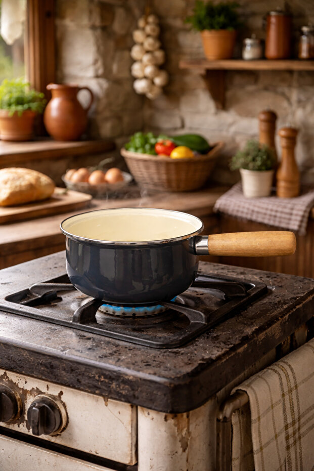 18 cm Enamel Sauce Pan-Smoked – Wooden Handle, Healthy and Stylish Design