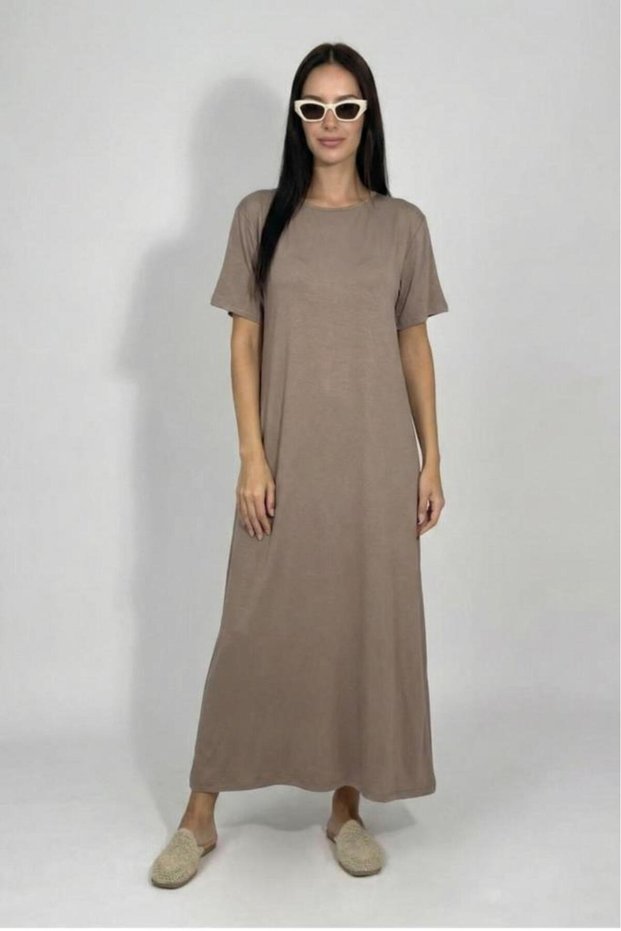 Women's Summer Short Sleeve Viscose Midi Length Crew Neck Dress Mink