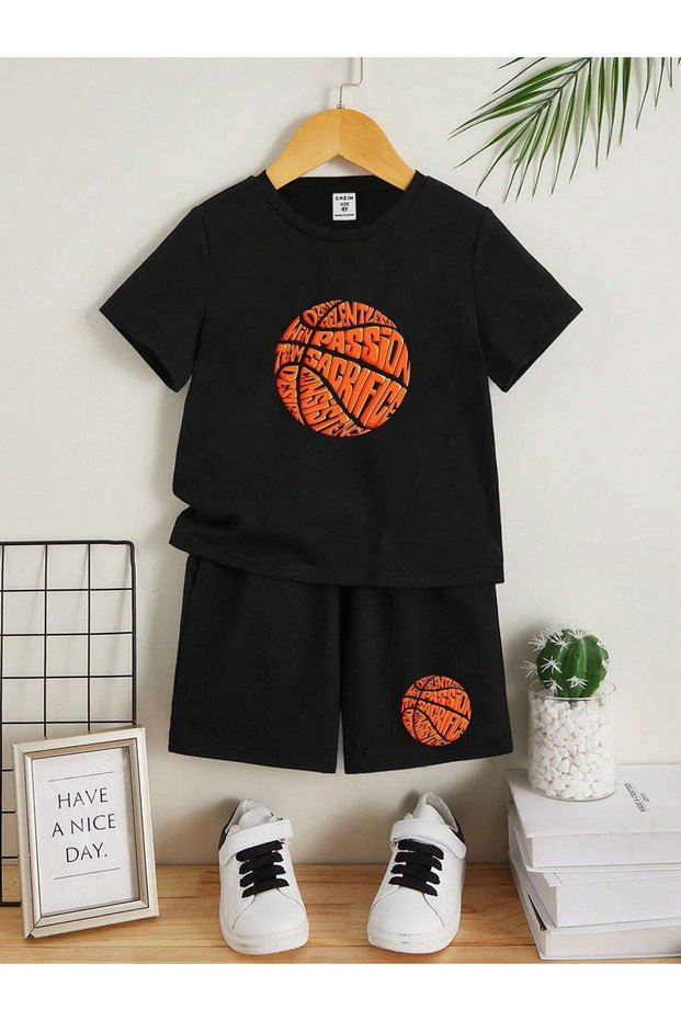 Basket Boll Printed Girls' and Boys' Black Top and Bottom Shorts T-Shirt Set