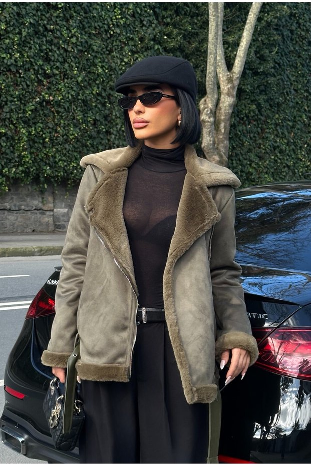 New Season Women's Zr Leather Suede Beige Coat with Belt Detail