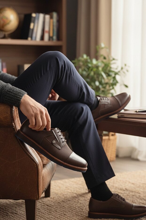 Enoch Brown Genuine Leather Classic Shoes with Patterned Side Panels and High Soles