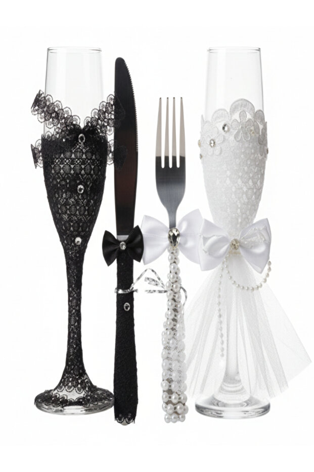 Wedding Champagne Flute & Cake Server Set – Includes 2 Glasses, Knife & Fork, Black & White
