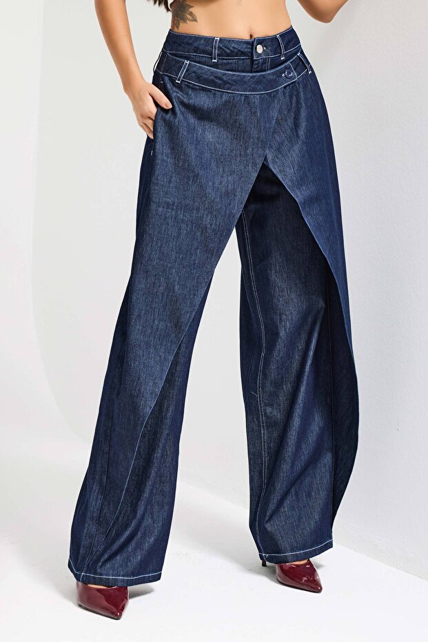 Women's Indigo Loose Fit Balloon Fit Double Trousers Detail Special Design Denim Jeans