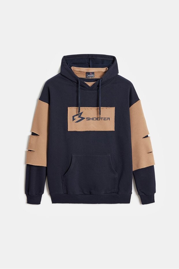 Shooter Sportswear Lacivert - Bej Erkek Oversize Kapüşonlu Baskılı Kanguru Cepli Sweatshirt