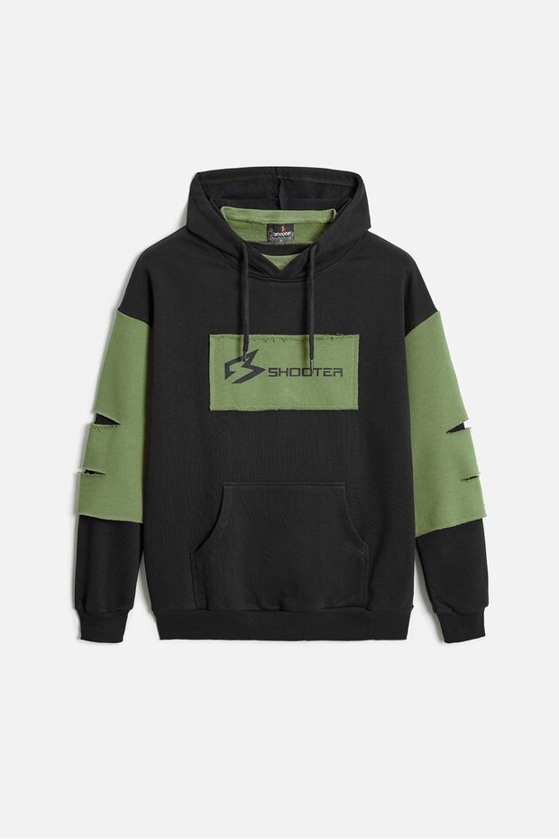 Shooter Sportswear Siyah - Haki Erkek Oversize Kapüşonlu Baskılı Kanguru Cepli Sweatshirt