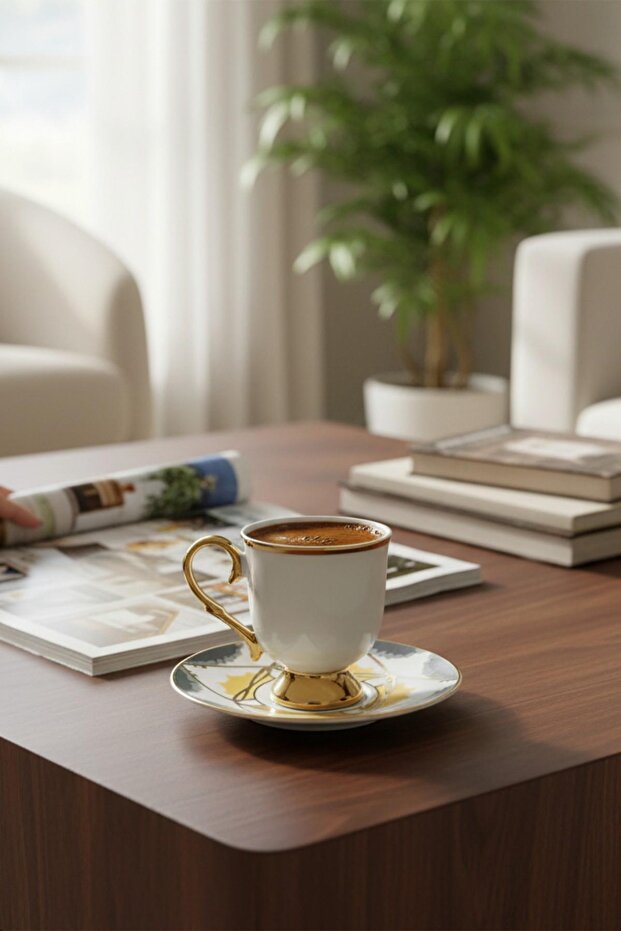 6-Person Blue Bird Detailed Luxury Turkish Coffee Cup - 90 ml