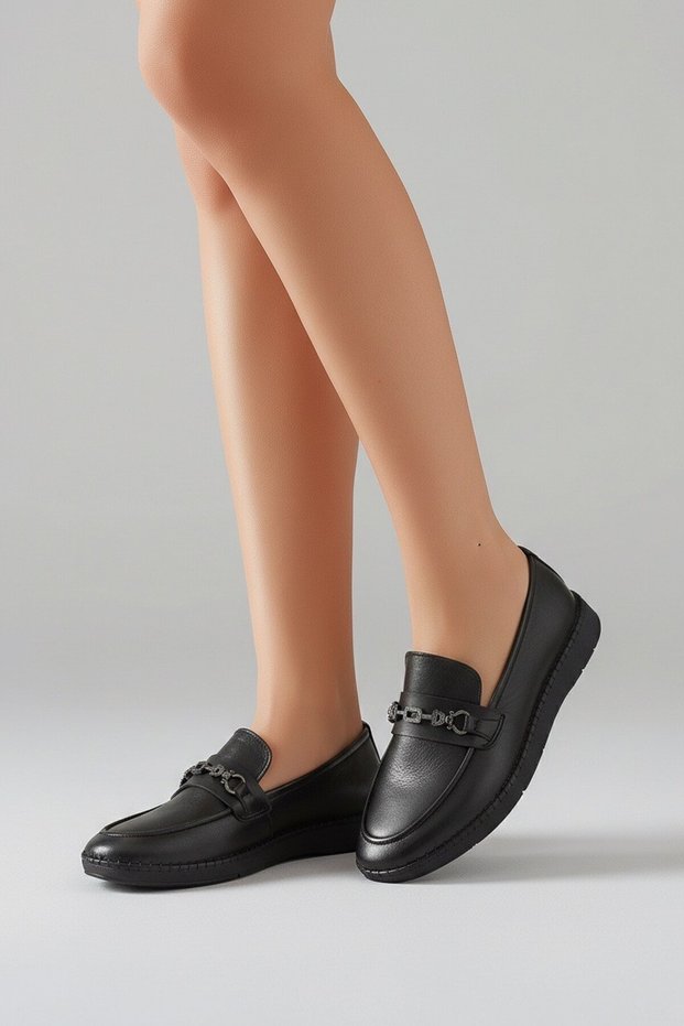 V26Ya-Z540 Black Leather Comfort Women's Ballerina Shoes