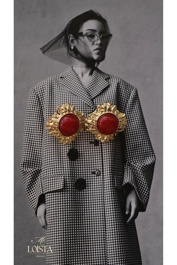 Vintage Gold Earrings with Red Stone Detail
