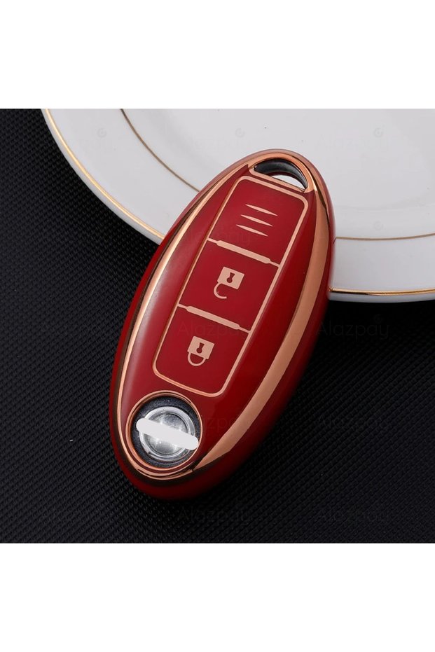 Nissan Compatible Juke, Qashqai, X-Trail, Micra, Pulsar, Note, Tiida, Altima Gold Edge Tpu Key Case Cover (Red)