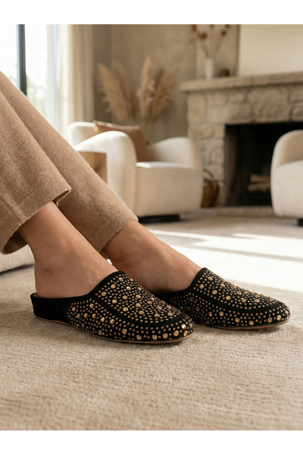Women's Black Suede Stone House Slippers with Gold Stone Detail, Non-Slip, Silent Sole, Stylish and Comfortable