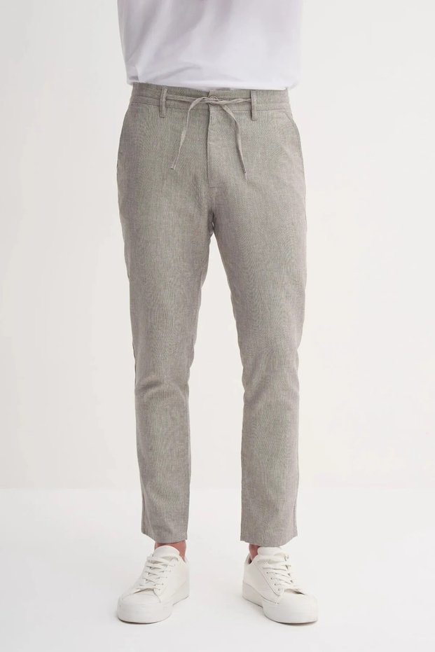 Men's Cotton Linen Trousers Straight Leg Lace-Up Waist Beige 00310