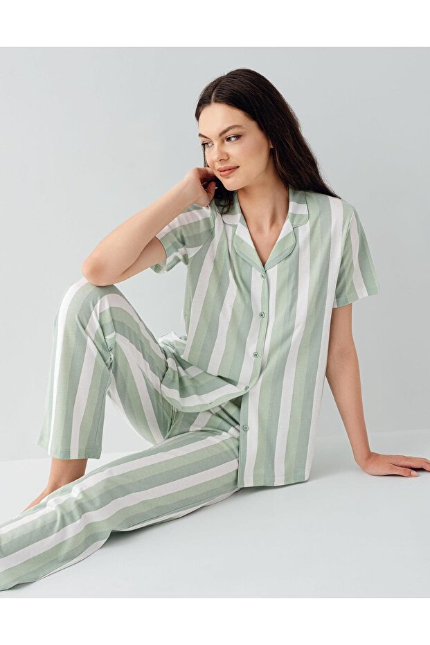 Women's Summer 100% Cotton Pajama Set with Pockets – Short Sleeves, Striped Bottom, Comfortable Home Wear