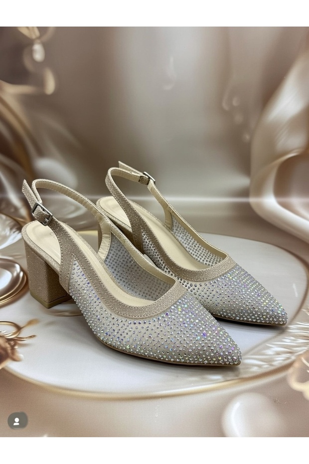 Women's Stoned Mesh Detailed Slingback Mid-Heeled Shoes Stylish and Comfortable Evening Dress Model