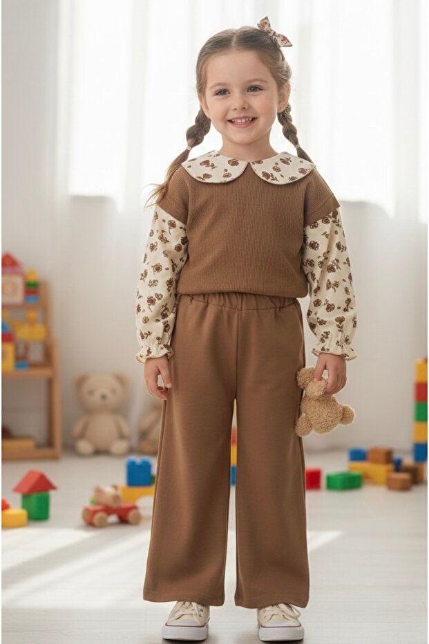 Girl's Shirt-Looking Baby Collar Top and Knitwear Bottom 2-Yarn Patterned Set