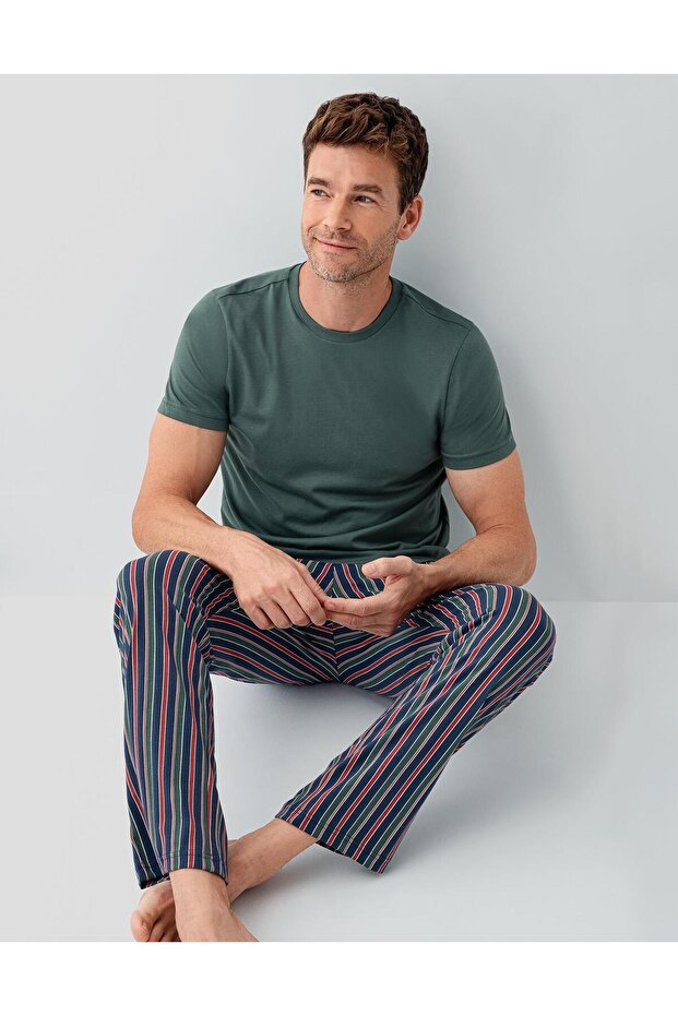 Men's 100% Cotton Short Sleeve Pajama Set – Striped Bottom with Pockets, Short Sleeve Top, Comfortable Fit