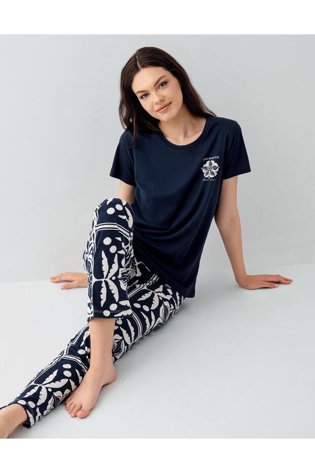 Women's Modal Pajama Set 50% Cotton 50% Modal – Short Sleeve Top & Patterned Bottom, Home Wear