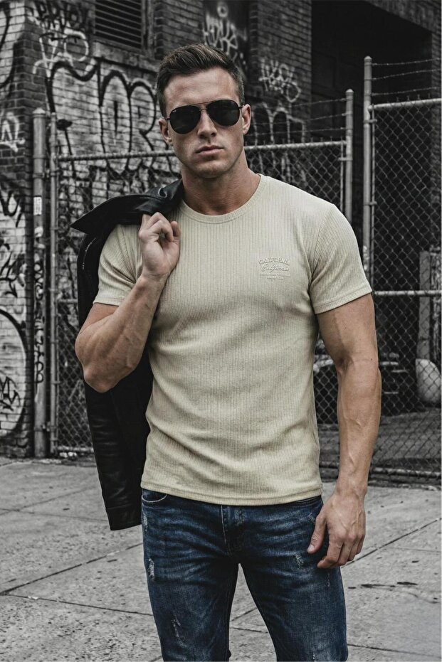 Ftx California Flocked Print Detailed Premium Ribbed Fabric Men's T-Shirt