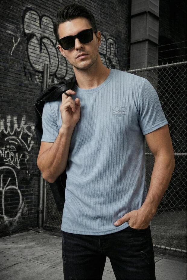 Ftx California Flocked Print Detailed Premium Ribbed Fabric Men's T-Shirt