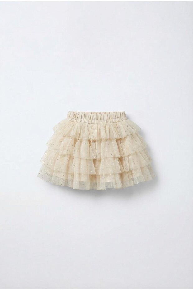 Girl's Cotton Lined Ecru Glitter Layered Tulle Skirt