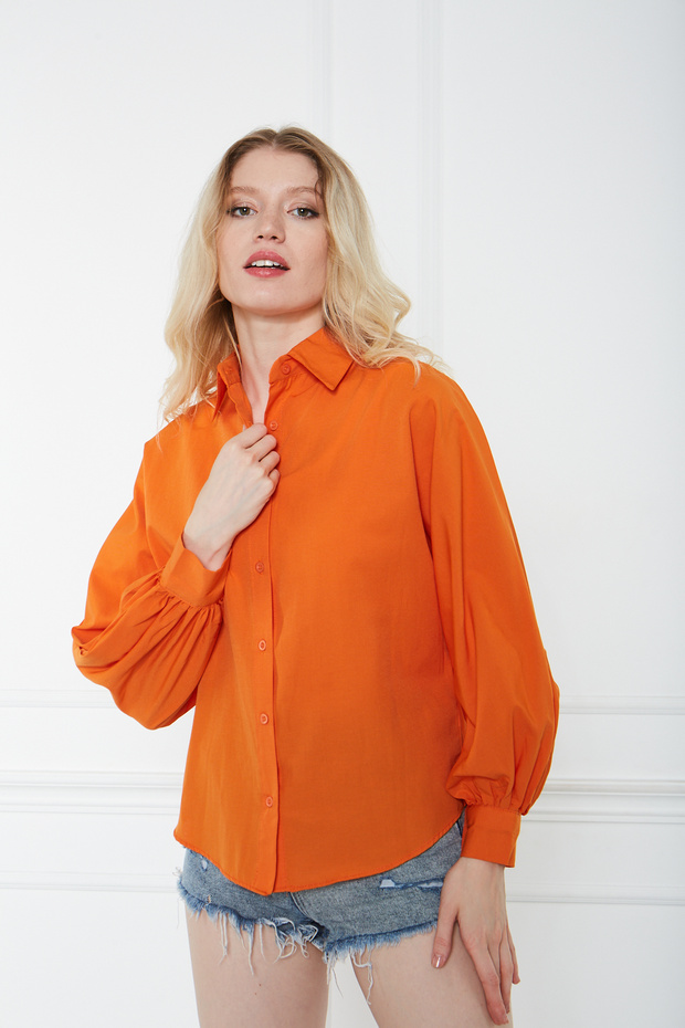 Kadın Trend Balon Kol Düğmeli Basic Turuncu Tunik Gömlek - 1
