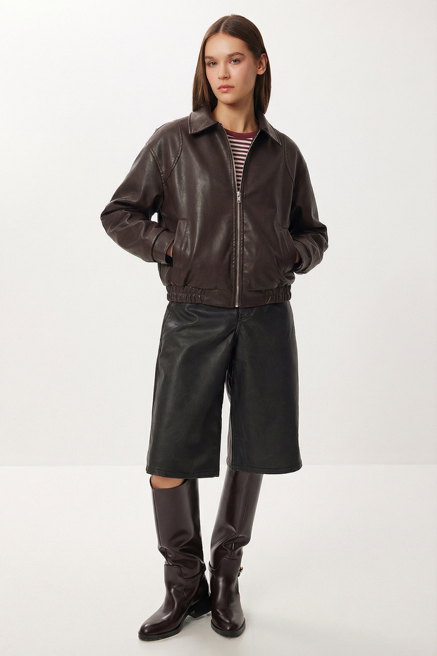 Faux Leather Bomber Jacket Lax0002 Brown