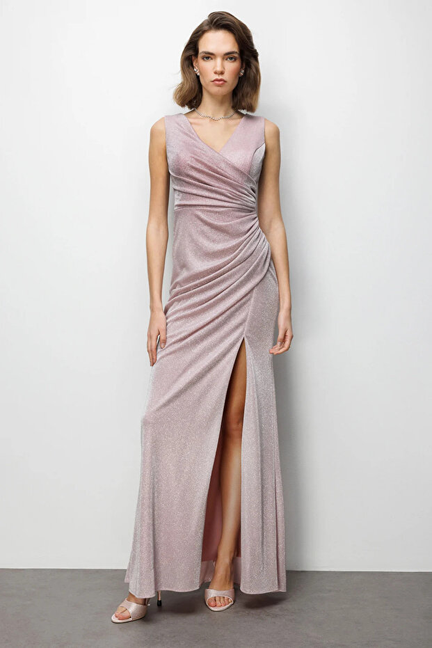 Ruched Detailed Slit Glitter Dress 6082