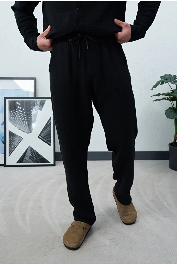 Men's Baggy Elastic Waist Drawstring Muslin Pants with 3 Pockets